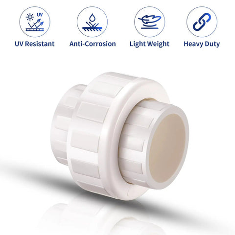 2 Inch PVC Union Pipe Fitting Socket To Socket, 4 Pack Built Tough Heavy Duty DIY Schedule 40 Coupling Adapter showcasing durability features