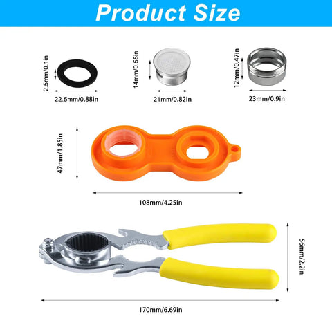 6 Piece Faucet Aerator Removal Wrench Kit Including Sink Bubbler Tools And M24 Adapter Nuts showing sizes and tools layout.