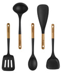 Silicone Wood Handle 5-Piece Cooking Utensil Set With BPA-Free Matte Black Silicone arranged vertically with acacia wood handles.