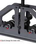 Close-up of Three Roll Tube Roller Bender system highlighting adjustable rollers for 1.5 inch pipe and 2 inch tube fabrication.