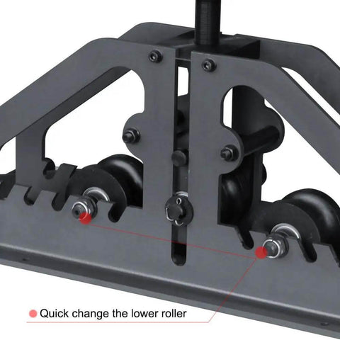 Close-up of Three Roll Tube Roller Bender system highlighting adjustable rollers for 1.5 inch pipe and 2 inch tube fabrication.