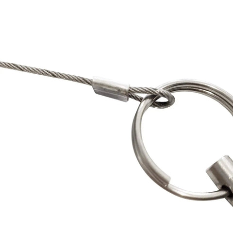 Close-up of set of 4 beefy quick release pins one quarter inch stainless steel 316, two inch total length, marine grade bimini top pin wire.