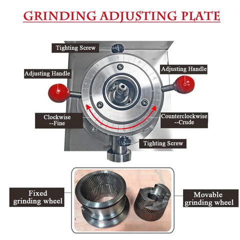 Grinding adjusting plate of JMS60 Commercial Split Peanut Butter Maker Grinder Stainless Steel Mill with adjustment handles.