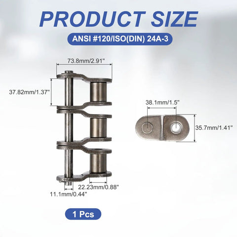 Top Quality ANSI #120 Roller Chain Offset Half Link Connector With 38.1mm Pitch Made From Heavy Duty Manganese Steel, dimensions shown.