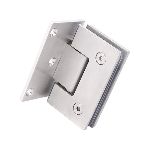 Close-up of a Pair Of Premium 304 Stainless Steel Shower Door Hinges Built Damn Tough For Frameless Glass Doors Featuring A Slick Brushed Finish And Dead Solid 90 Degree Swinging Motion.