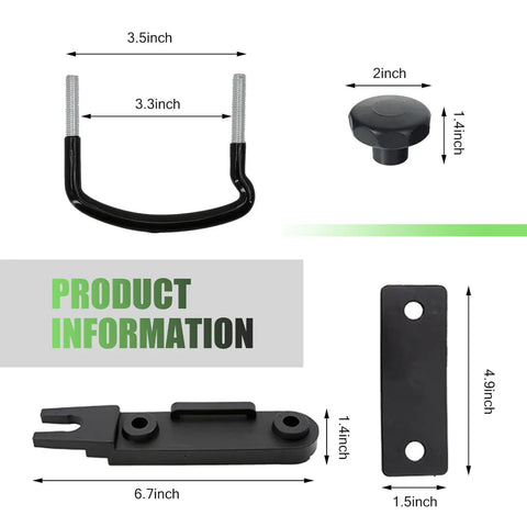 Rooftop Cargo Carrier Mounting Clip Kit With U Bolt Clamp Back Plate Quick Release Strap Protective Pad And Lock Nut For Cars And Vans Outdoor Roof Rack Accessory Black shown with dimensions.