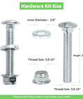 Hardware kit showing bolts, washers, and nuts with sizes: 3/8 inch diameter, 2-1/2 inch height, 3/8-16 thread size.