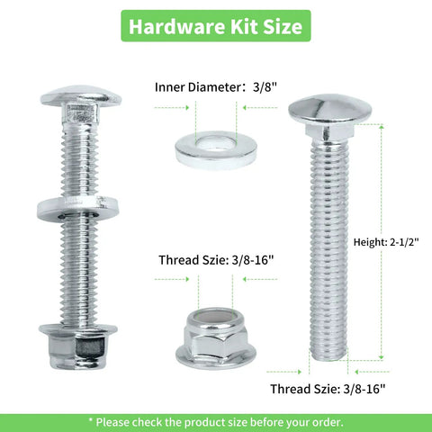 Hardware kit showing bolts, washers, and nuts with sizes: 3/8 inch diameter, 2-1/2 inch height, 3/8-16 thread size.