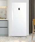 Heavy Duty Convertible Upright Fridge Freezer With Auto Defrost And Four Adjustable Shelves, sleek white design in modern kitchen.