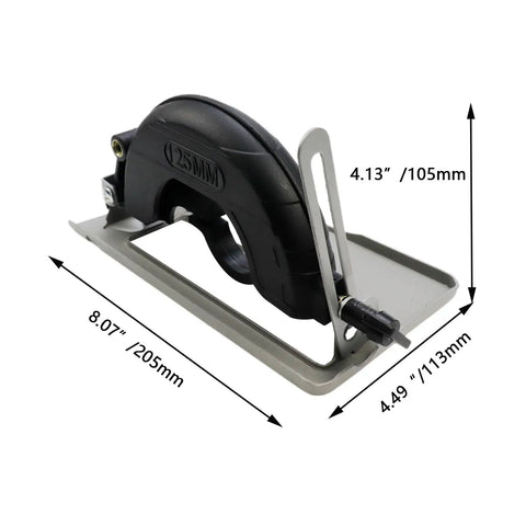 45 Degree Adjustable Angle Grinder Holder Base Bracket With Shield Cover for 100 125mm Grinders, metal frame with dimensions.