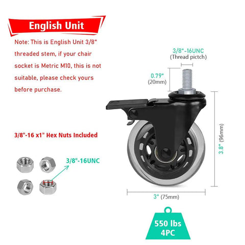 Badass 3 Inch Industrial Caster Wheels With 3 8 Unc Thread Stem And Reliable Single Lock Brake, detailed dimensions and hex nuts included.