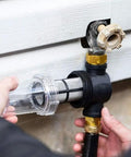 Heavy Duty Garden Hose Filter With Inline Sediment Screen And 3/4 Inch Male Female Threads Plug N Play Operation installed at faucet.