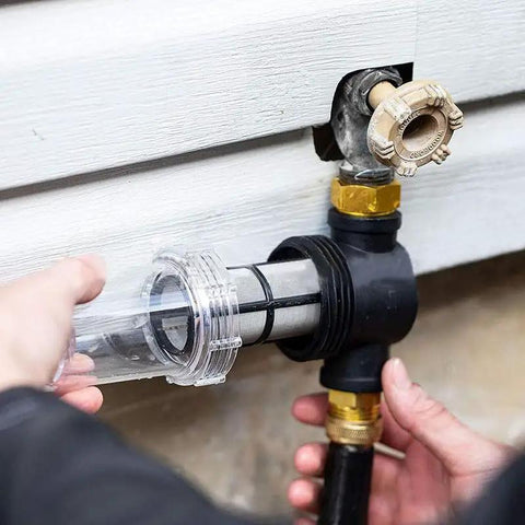Heavy Duty Garden Hose Filter With Inline Sediment Screen And 3/4 Inch Male Female Threads Plug N Play Operation installed at faucet.