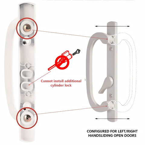 Zinc Diecast Sliding Door Handles set showing details, configured for left/right hands for easy access and no extra cylinder lock installation.