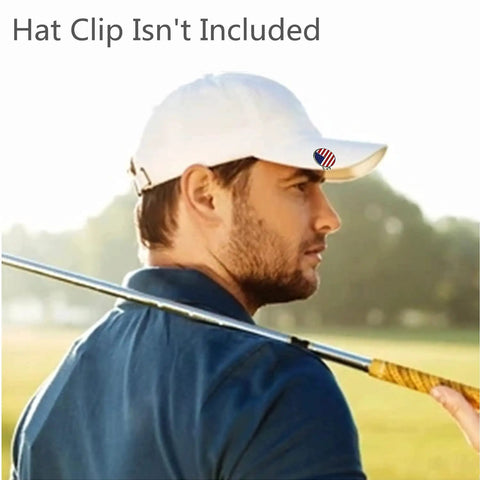 Man wearing white cap with Golf Ball Markers With Hat Clip Set, Dope Assorted Pattern Markers And American Flag Design visible