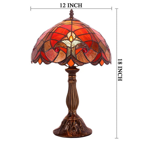 Tiffany Style Red Liaison Stained Glass Table Lamp with Antique Green Bronze Base, 12 Inch Shade, 18 Inch Tall