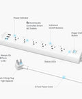 Matter Compatible Smart WiFi Power Strip Offering Individual Outlet Control And Live Energy Tracking To Keep All Your Gear Fully Charged Slash Monthly Bills And Guard Your Rig Against Power Spikes For Bedroom Or Office Boss Setups with six AC outlets and three USB ports.