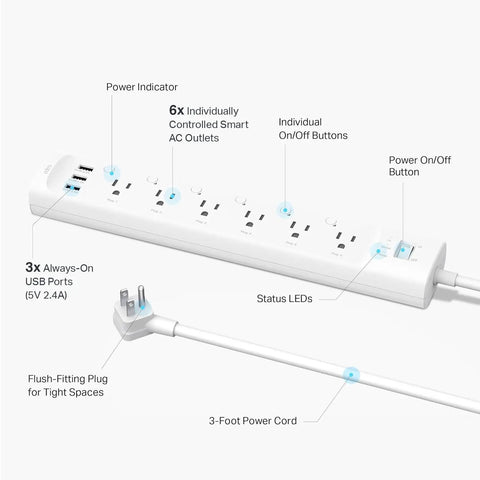 Matter Compatible Smart WiFi Power Strip Offering Individual Outlet Control And Live Energy Tracking To Keep All Your Gear Fully Charged Slash Monthly Bills And Guard Your Rig Against Power Spikes For Bedroom Or Office Boss Setups with six AC outlets and three USB ports.