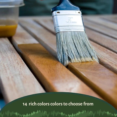 Top Shelf Penetrating Exterior Wood Stain In Acorn Brown 5 Gallon being applied with a brush on timber surface.