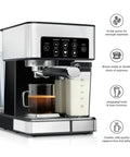 Sleek Green Espresso And Cold Brew Coffee Maker With Premium Barista Gear. Compact coffee maker brewing espresso and frothing milk.