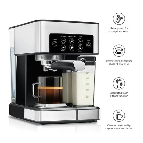 Sleek Green Espresso And Cold Brew Coffee Maker With Premium Barista Gear. Compact coffee maker brewing espresso and frothing milk.