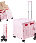 Foldable Utility Cart 65L Portable Crate Rolling Cart with Stair Climbing Wheels and 360 Degree Swivel Wheels, Pink