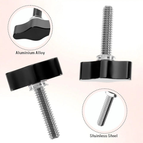 Four Piece Heavy Duty Stainless Steel Wing Knob Set Featuring Quarter Inch Coarse Thread And Rugged Black Grip For Quick Adjustable Fastening No Sweat Tweaks Built Like A Tank And Solid For Every Job, showing black grip knobs and threaded shafts.