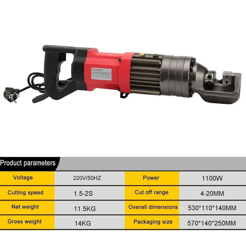 Portable Electric Rebar Bender And Cutter For Steel Bars 4 To 20mm hydraulic tool with red and silver design, showcasing cutting head.