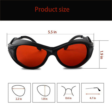 Product size image showing Premium Heavy Duty 2 Pack Laser Safety Goggles Delivering Solid Od6 Plus Shield dimensions.