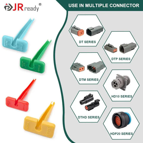 Pin Removal Tool Kit For Deutsch Connectors DT DTM DTP DTV HD Series shown with color-coded picks and compatible connectors