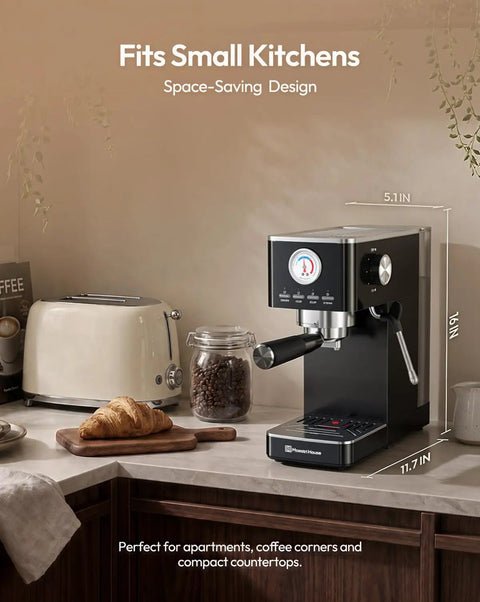 Slick No Fuss Espresso Machine With Built In Milk Frother And 20 Bar Italian Pump For Fast One Touch Shots At Home Perfect For Beginners Hitting Their Morning Caffeine Fix on compact kitchen counter.