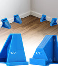 40 Piece 2 In 1 Flooring Spacers for 1/2 Inch and 1/4 Inch Gaps showcasing triangular design and varied gap sizes on floor.