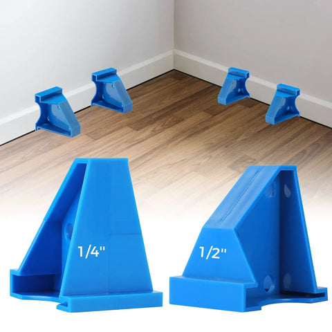 40 Piece 2 In 1 Flooring Spacers for 1/2 Inch and 1/4 Inch Gaps showcasing triangular design and varied gap sizes on floor.