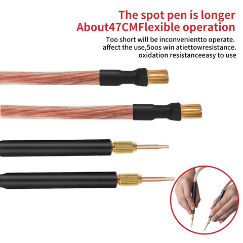 Close-up of spot welding pen and cables for 8000W Spot Welder Handheld Portable Welding Machine DIY Kit With Nickel Strip.