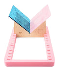 Heavy Duty Stained Glass Angle Jig With Smooth Sliding Bracket And Six Solid Boards For Hassle Free 3D Prism Building And Dead On Copper Foil Soldering Alignment Crafters Really Dig This, featuring blue and pink glass pieces on a wooden frame.