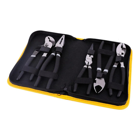 Five Piece Pliers Set With Durable Nylon Case Includes 8 Inch Diagonal, Combination, Long Nose, Groove, and Slip Joint Pliers