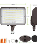 Dusk To Dawn Outdoor 100W LED Flood Light With Knuckle Mount And Wall Plate Color Temp 3000K 4000K 5000K Adjustable 14000 Lumens 1000W Equiv ETL Listed Beefy Security Floodlight For Parking Lots, shown with dimensions and mounting hardware.