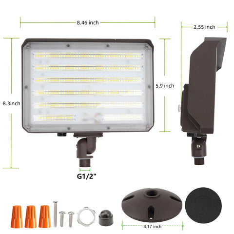 Dusk To Dawn Outdoor 100W LED Flood Light With Knuckle Mount And Plate Included, dimensions 8.46x8.3 inches, accessory kit