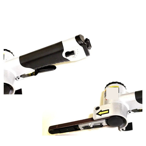 Air Mini Belt Sander Pneumatic Grinder Machine Lightweight Portable Tool For Fine Sanding Polishing And Deburring close-up of ergonomic handle and belt.