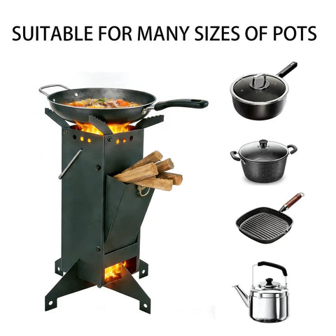 Portable Rocket Stove For Camping And Outdoor Cooking Wood Burning Stove With Foldable Design Lightweight Rust Resistant Steel 45 Degree Tilt Easy Door Access Ideal For Campfires Picnics BBQs And Backyard Heating Black with pots and pans
