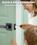 Installing Keyless Privacy Door Lever with Lock Set on bedroom door, heavy duty reversible interior handle, matte black finish, ANSI certified.