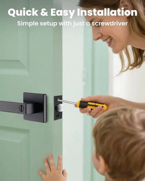 Installing Keyless Privacy Door Lever with Lock Set on bedroom door, heavy duty reversible interior handle, matte black finish, ANSI certified.