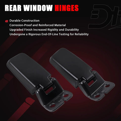 Rear Window Hinge Set For Tailgate Liftgate Glass Left And Right Fits Infiniti QX56 2004 2010 Armada 2005 2015 Pathfinder 2004 Replacement Replaces 90320 7S000 90321 7S000, durable and corrosion-proof design, black finish, two hinges displayed on a red background.