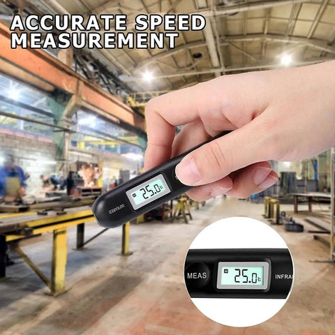 Hand holding Grab And Go Pocket Sized Infrared Thermometer With Contactless Reading Handheld Temperature Pen LCD Display Surface Temp Reader in industrial setting.
