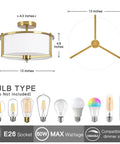 Gold Drum Ceiling Light With White Fabric Shade Semi Flush Mount 13 Inch Dope Modern Fixture For Bedroom Hallway Dining Room And Foyer Brass Finished Steel Frame Sleek Contemporary Look For Kitchen Island Or Entryway dimensions and bulb compatibility chart.
