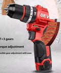 Kickass 12V Brushless Cordless Drill Driver With 3Ah Rechargeable Battery And Variable Speed Control showing gear adjustment and torque settings.