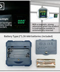 Digital Angle Gauge with backlit display and magnetic feature for easy reading, includes battery compartment for 2 AAA batteries.