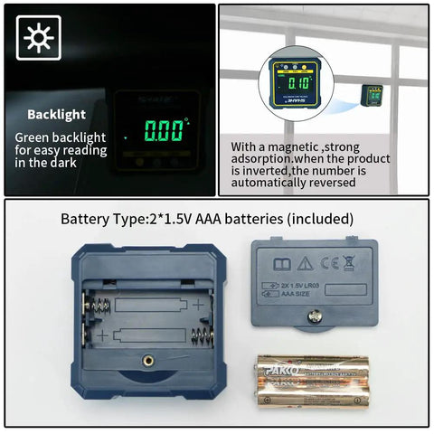 Digital Angle Gauge with backlit display and magnetic feature for easy reading, includes battery compartment for 2 AAA batteries.