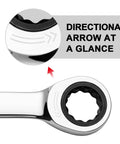 Detailed view of Ratcheting Seven Eighth Inch Combination Wrench With 72 Tooth Gear, showing directional arrow and 12-point box end.