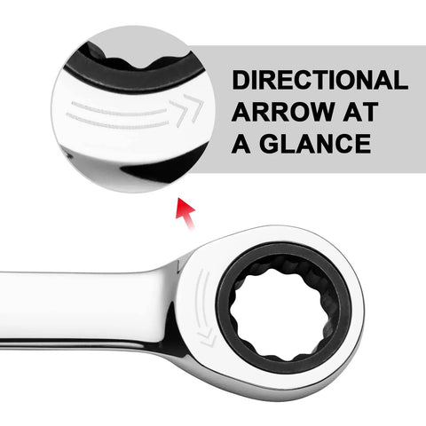 Detailed view of Ratcheting Seven Eighth Inch Combination Wrench With 72 Tooth Gear, showing directional arrow and 12-point box end.